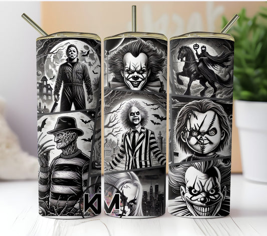 Horror movie Characteres Black and White Skinny Tumbler  20oz. It - Michael - Chuky - Jason